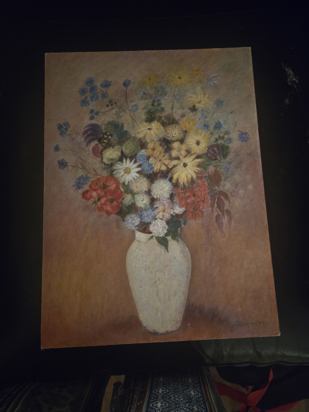 Hand-Painted Floral Bouquet Canvas Art in Cream Vase — Multicolor